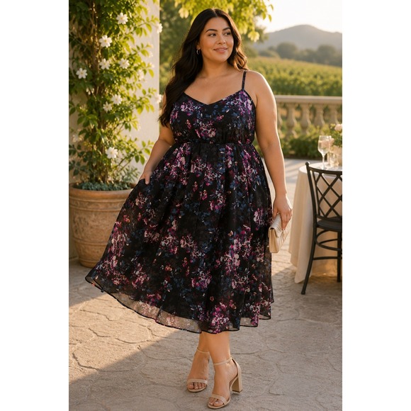 torrid Dresses & Skirts - Torrid Floral Chiffon Midi Dress 1X Black Pink Empire Waist Pockets Plus